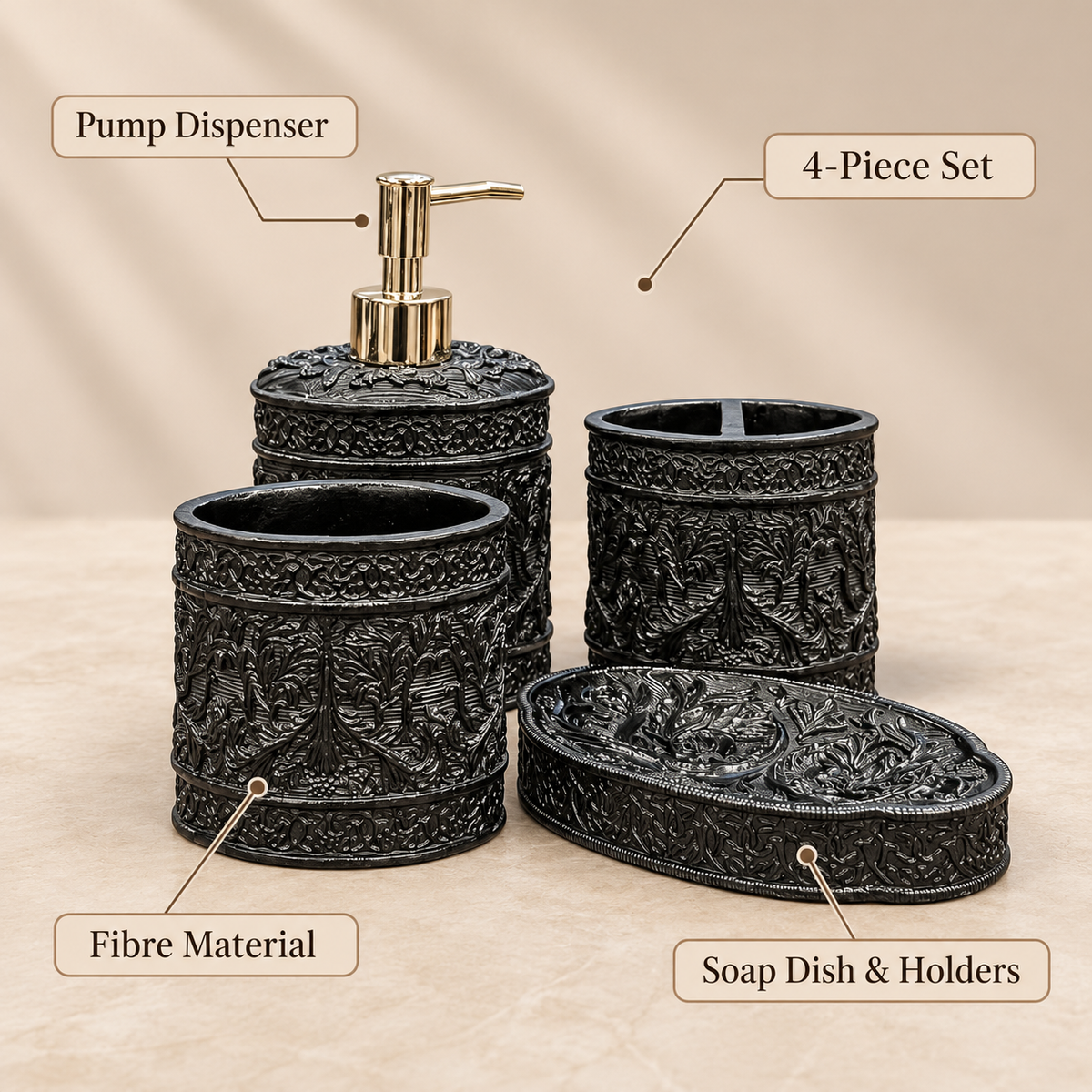 Black Ornate four-piece fibre bathroom accessory set – features and included pieces