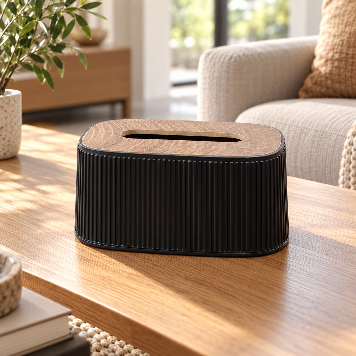Black Ribbed Tissue Box with Wood-Style Top