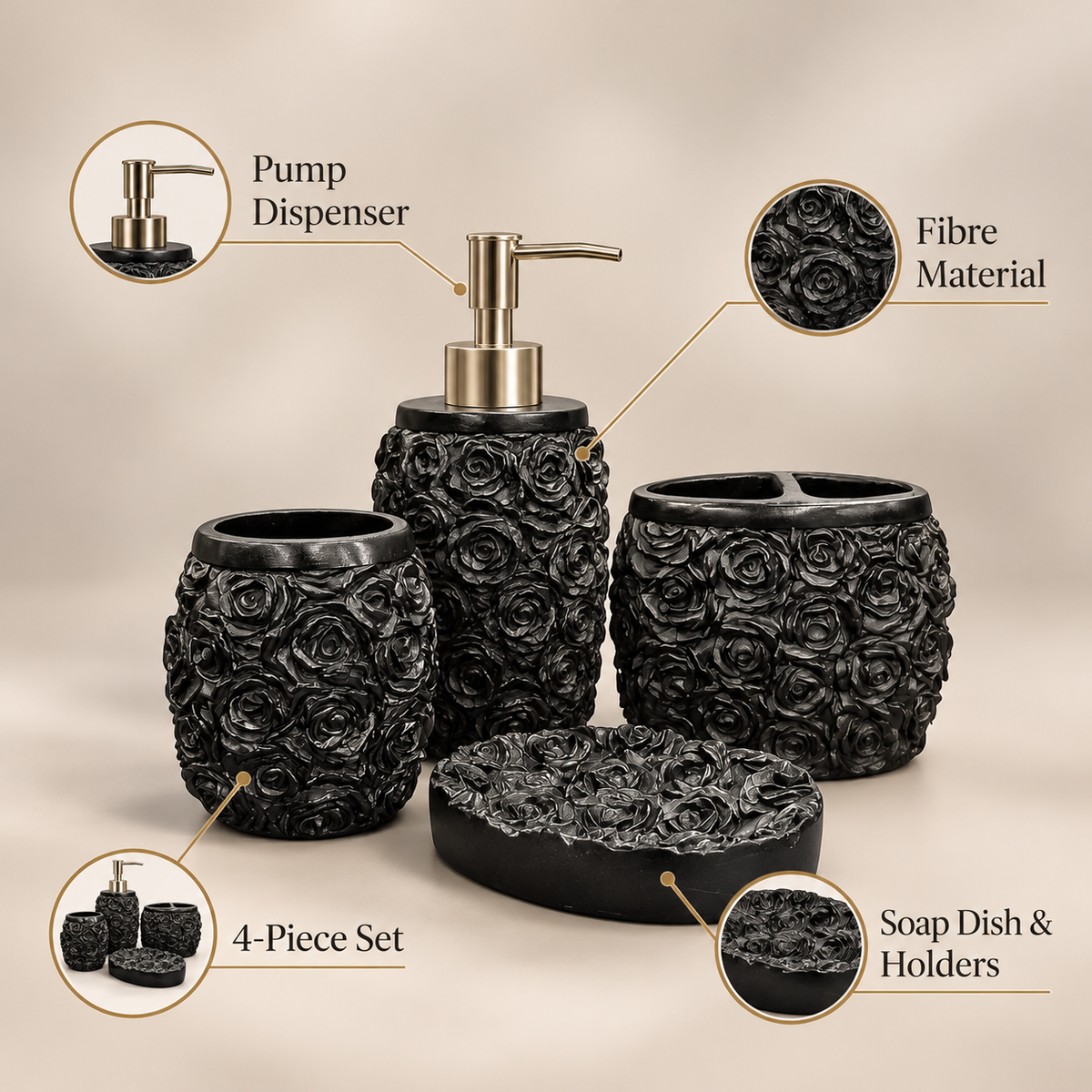 Black Rose four-piece fibre bathroom accessory set – features and included pieces