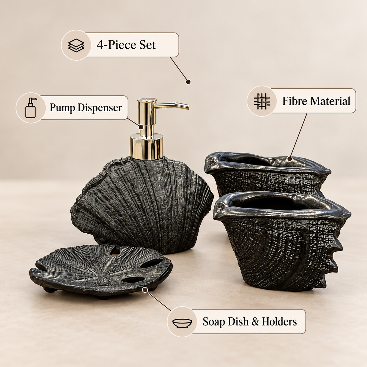 Black Seashell four-piece fibre bathroom accessory set – features and included pieces