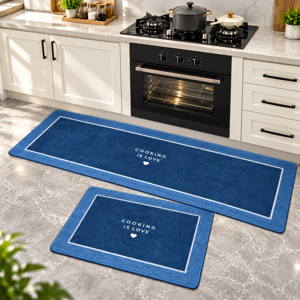 Blue Cooking Is Love kitchen mat and runner set