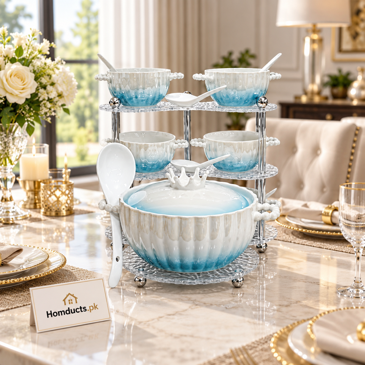 Blue Ombre Soup Set with Stand – 16 Pieces