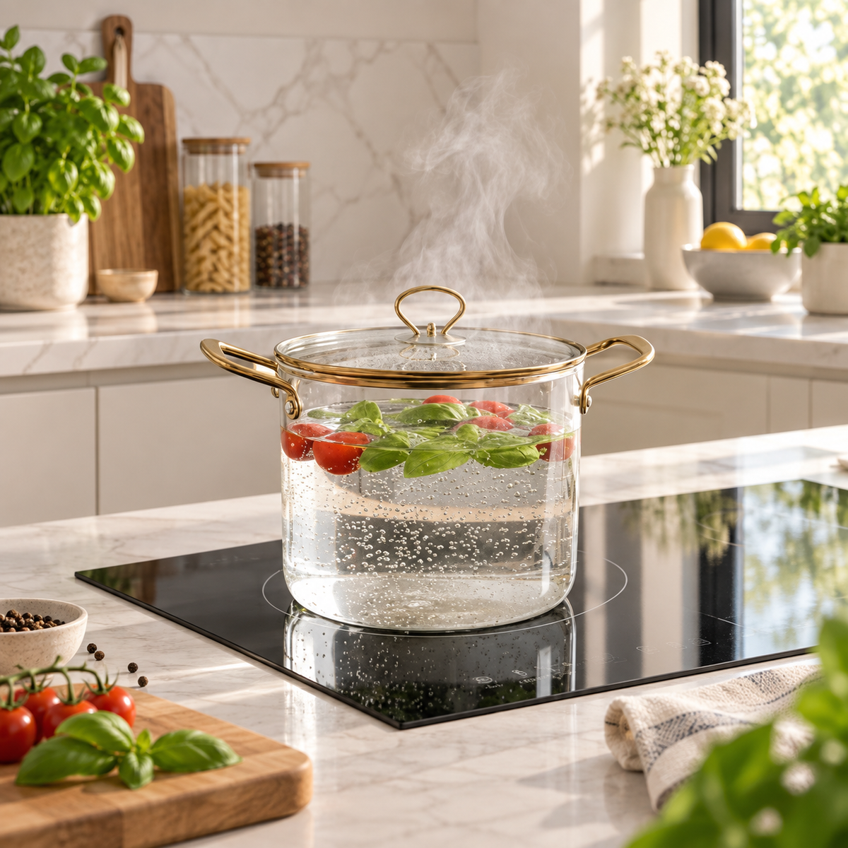 Borosilicate glass cooking pot with gold handles, 4.5 litre