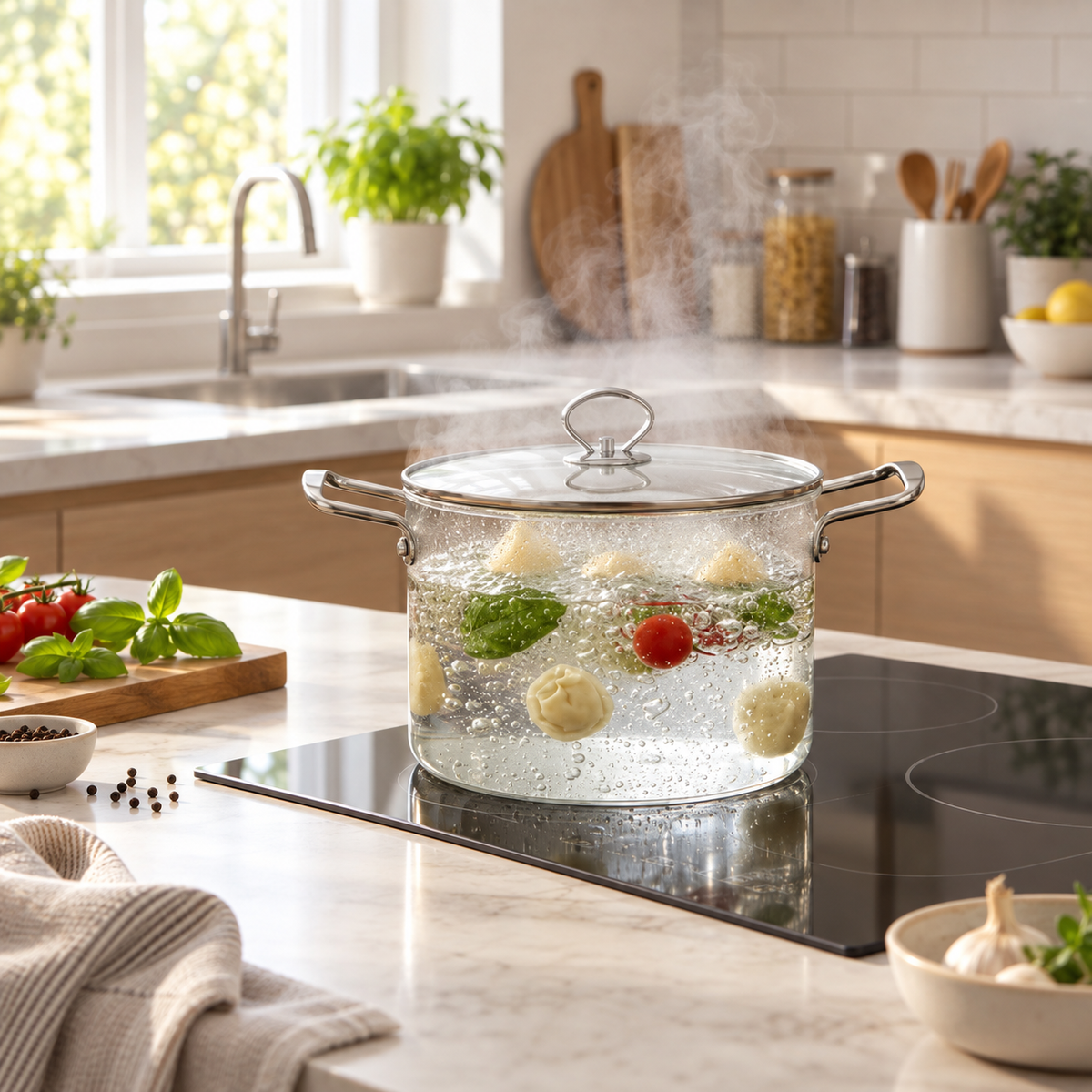 Borosilicate glass cooking pot with silver handles, 4.5 litre