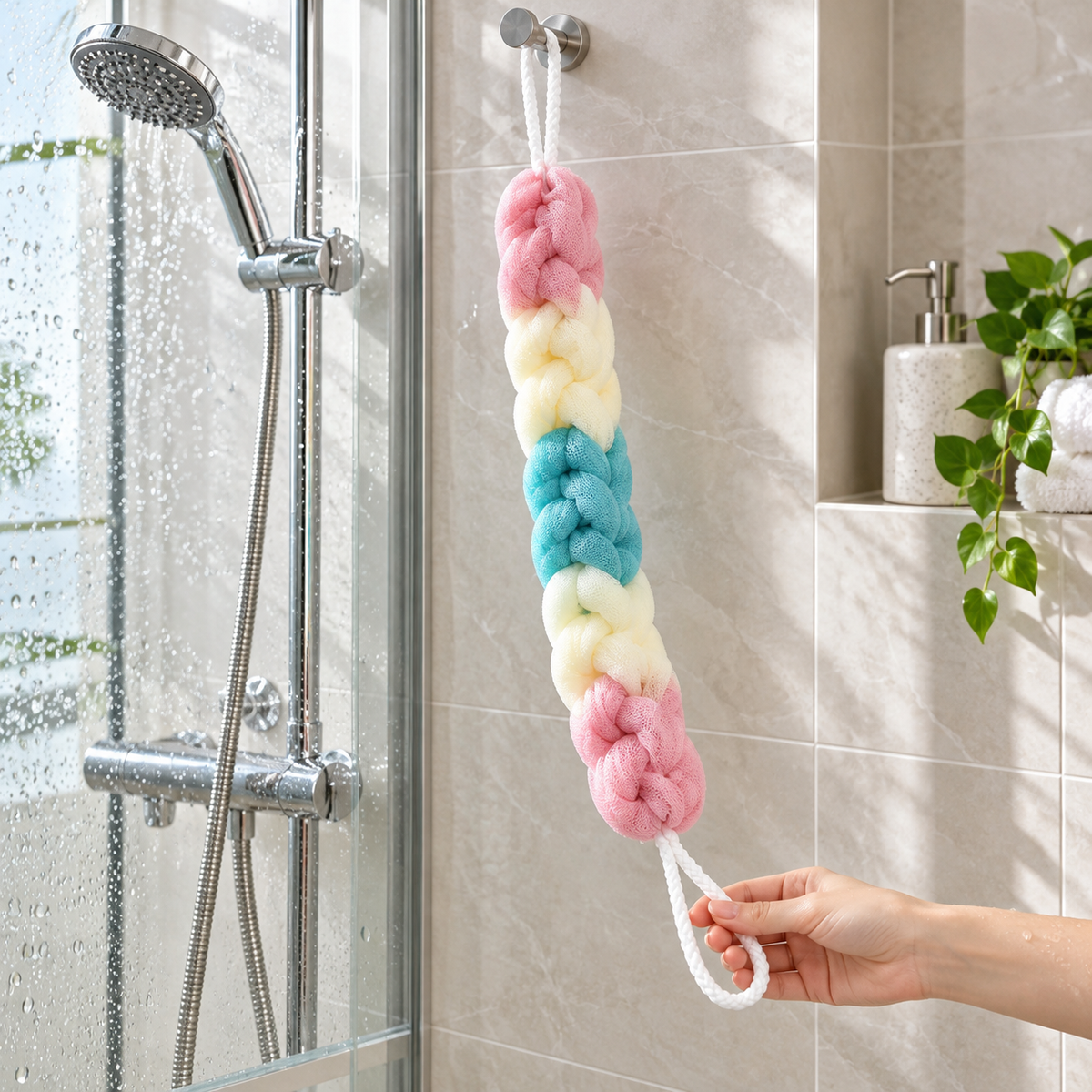 Long braided body scrubber and back loofah with rope handles