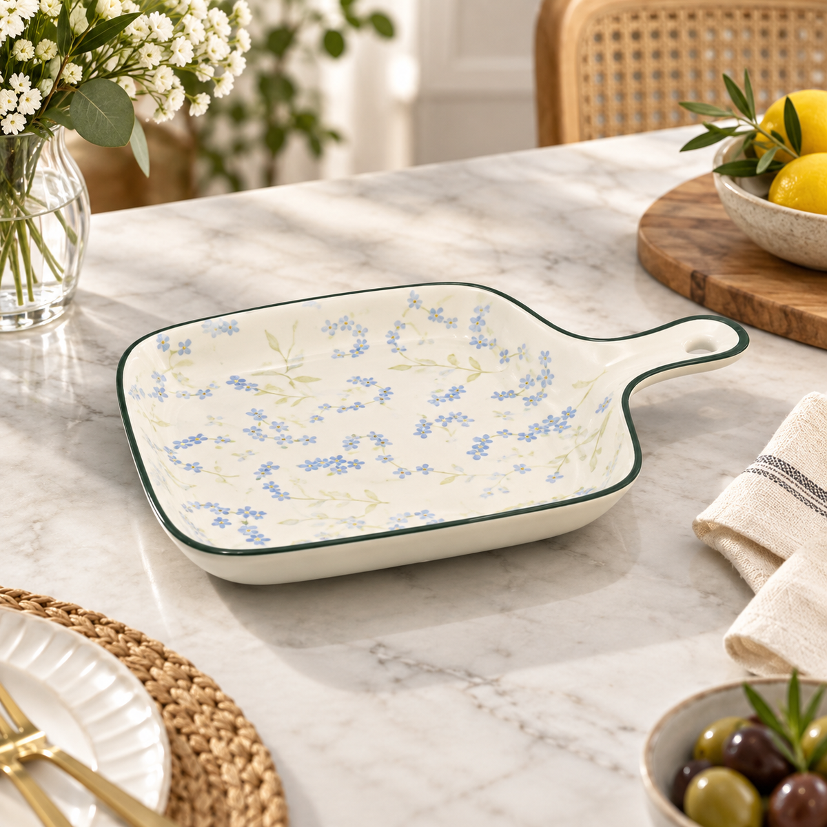 Brilliant Blue Myosotis 9-inch Square Platter with Handle
