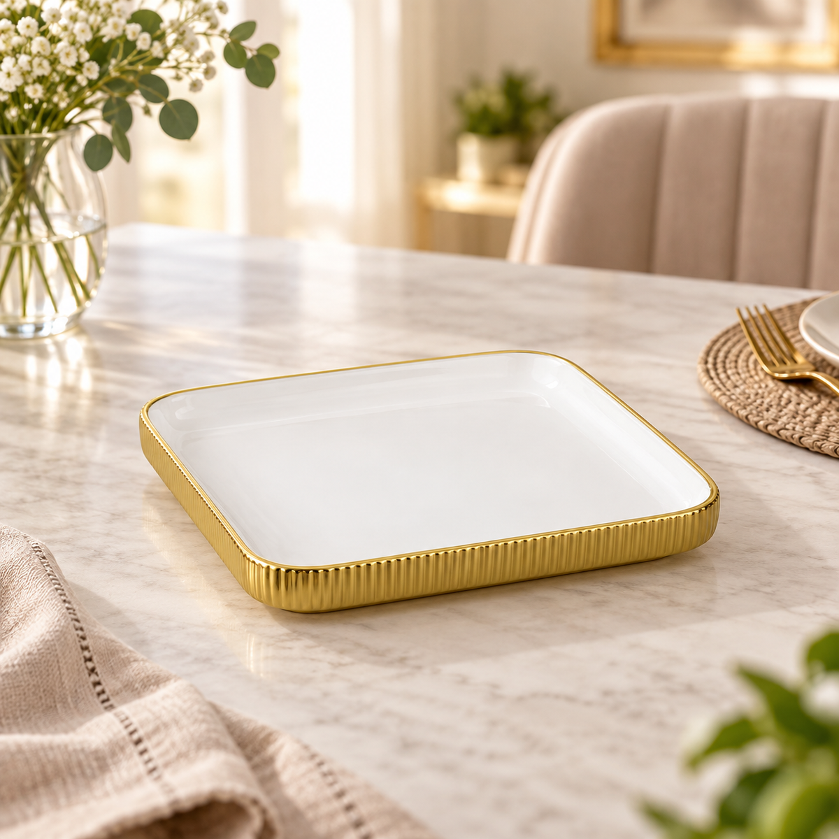 Brilliant 8-inch square white plate with ribbed gold rim