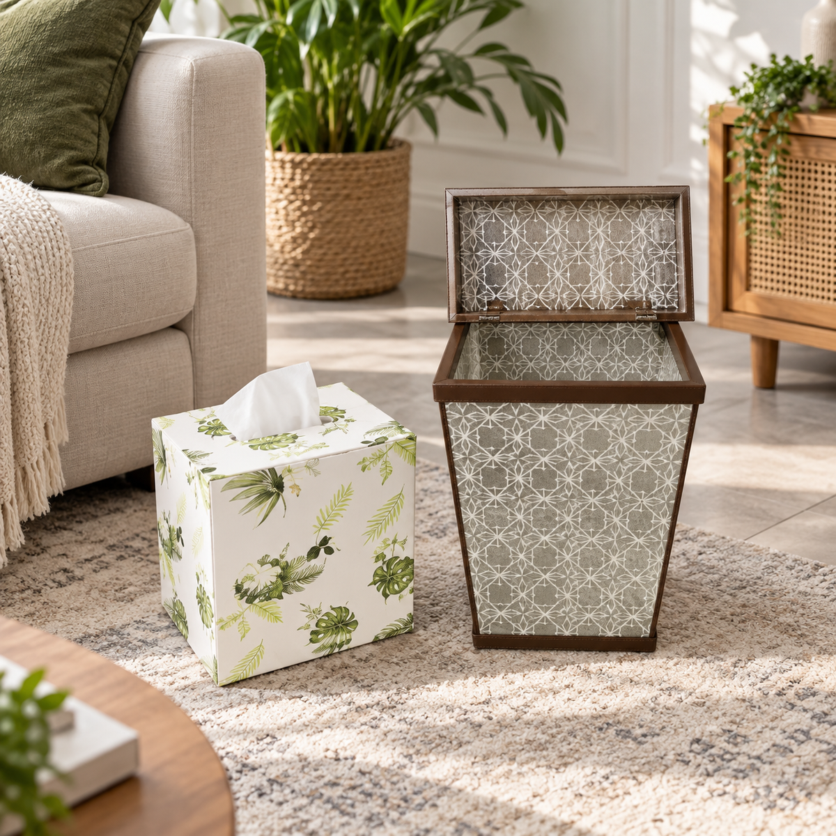 Brown framed dustbin and tropical tissue box set