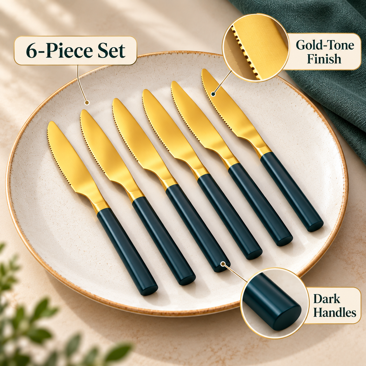 6-Piece Gold Knife Set with Dark Handles feature infographic
