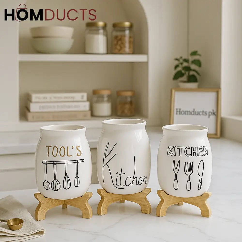 Ceramic Kitchen Utensil Holder Set with Wooden Stands – Hand-Illustrated Tool Organizers for Modern Kitchens