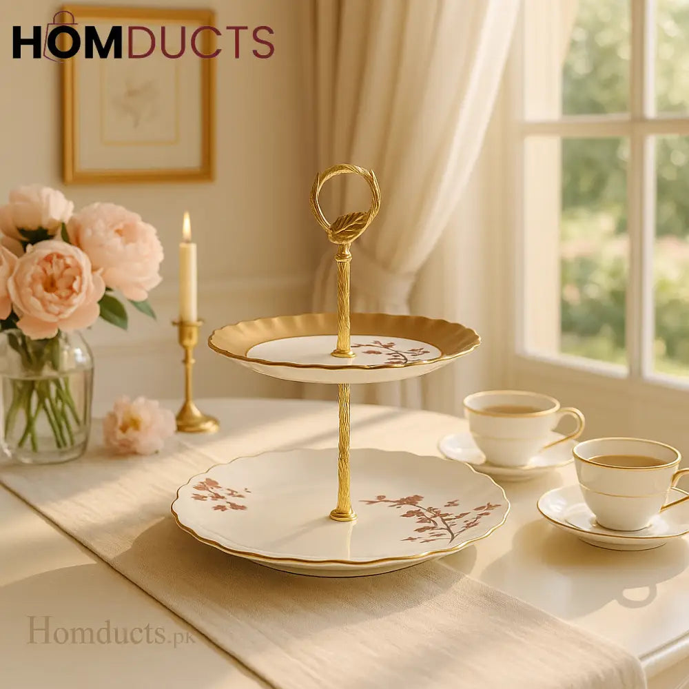Cherry Bloom 2-Tier Dessert Stand – Luxury Gold High-Tea Display Tray