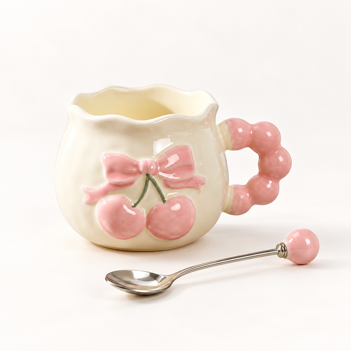 Cherry bow ceramic mug and matching spoon product detail