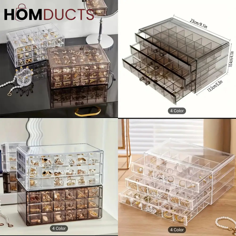 Clear Acrylic 3-Layer Jewelry Organizer Box Drawer Storage Case for Earrings Rings & Accessories