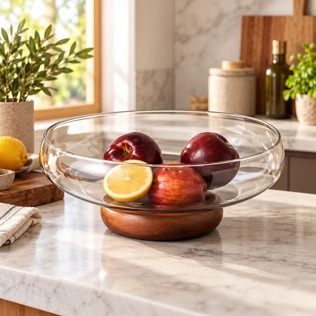 Clear glass fruit serving bowl in a bright kitchen setting