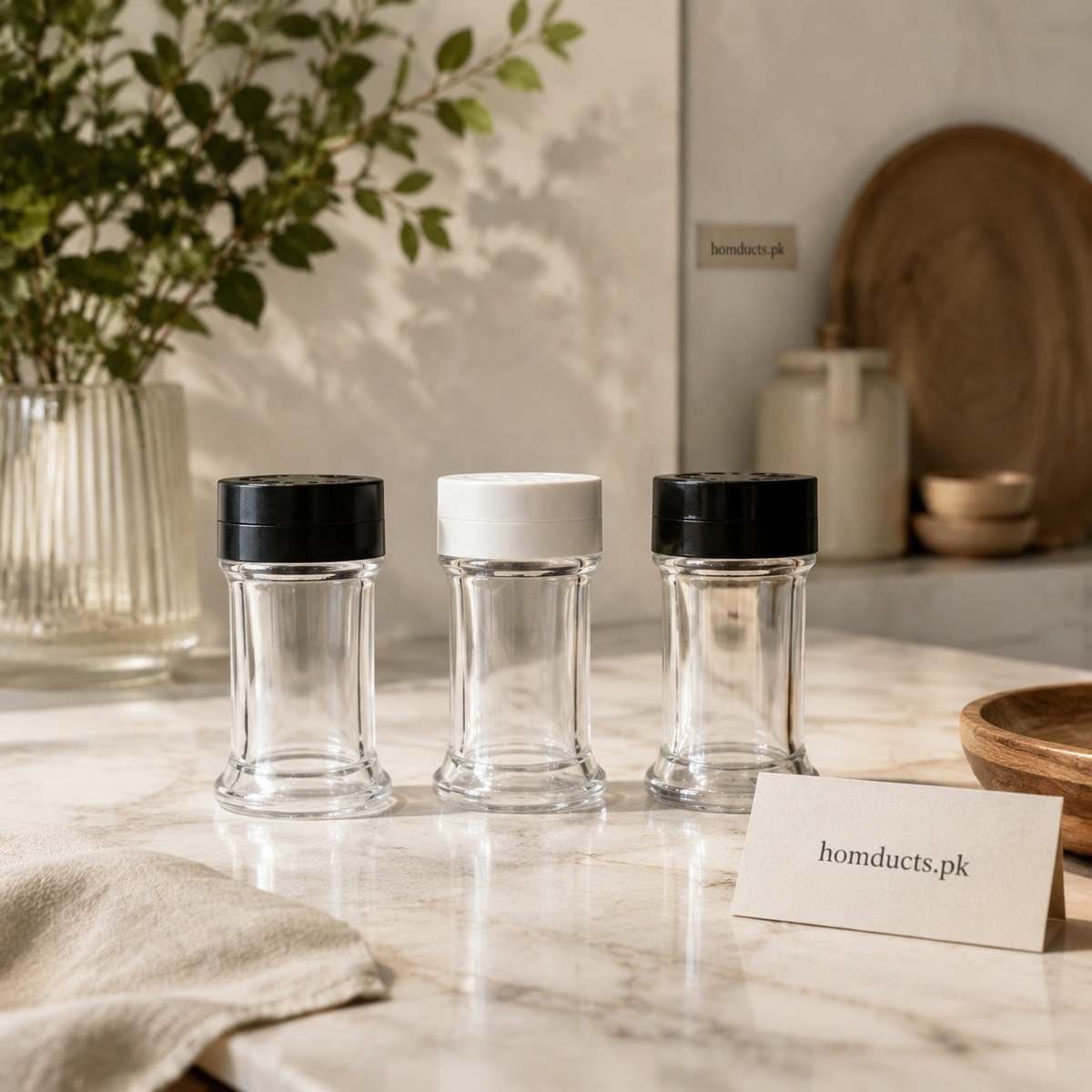 Clear seasoning shakers with black and white tops