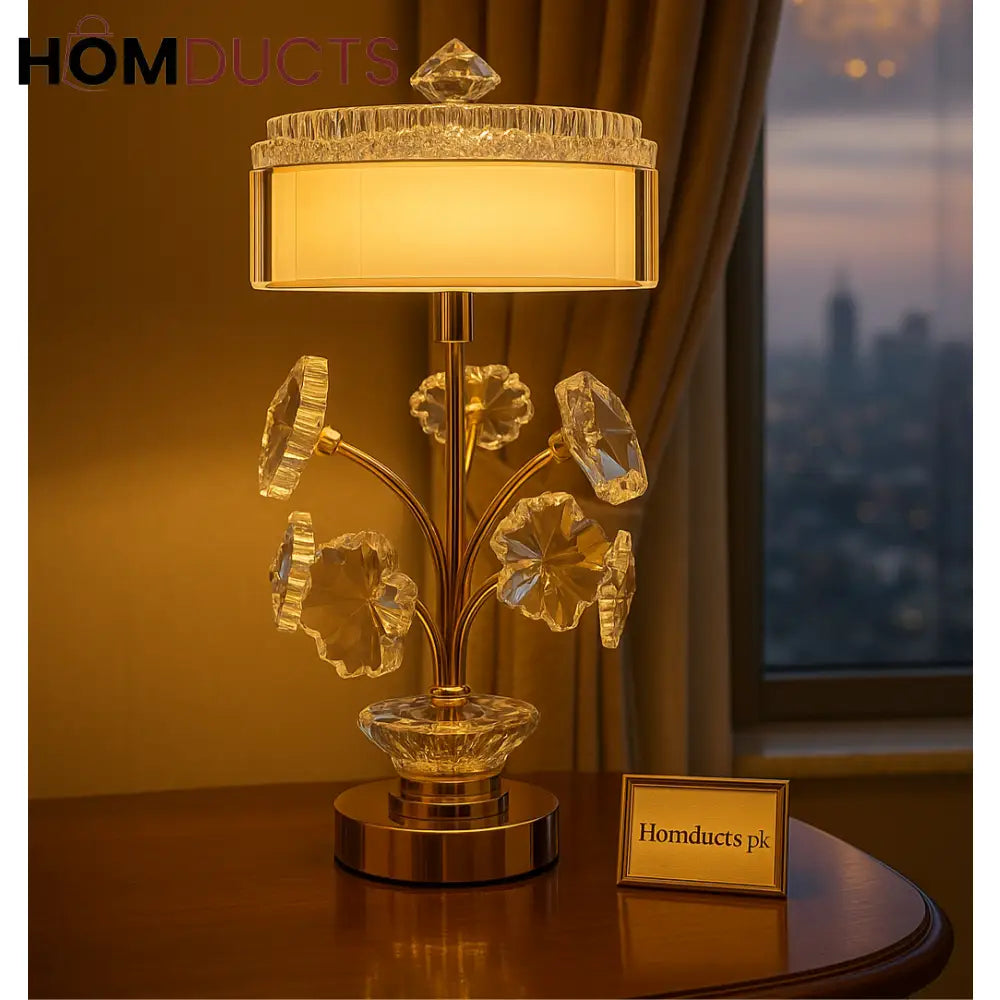 Crystal Bloom Luxe Table Lamp – Gold Stem & Floral Cut Glass