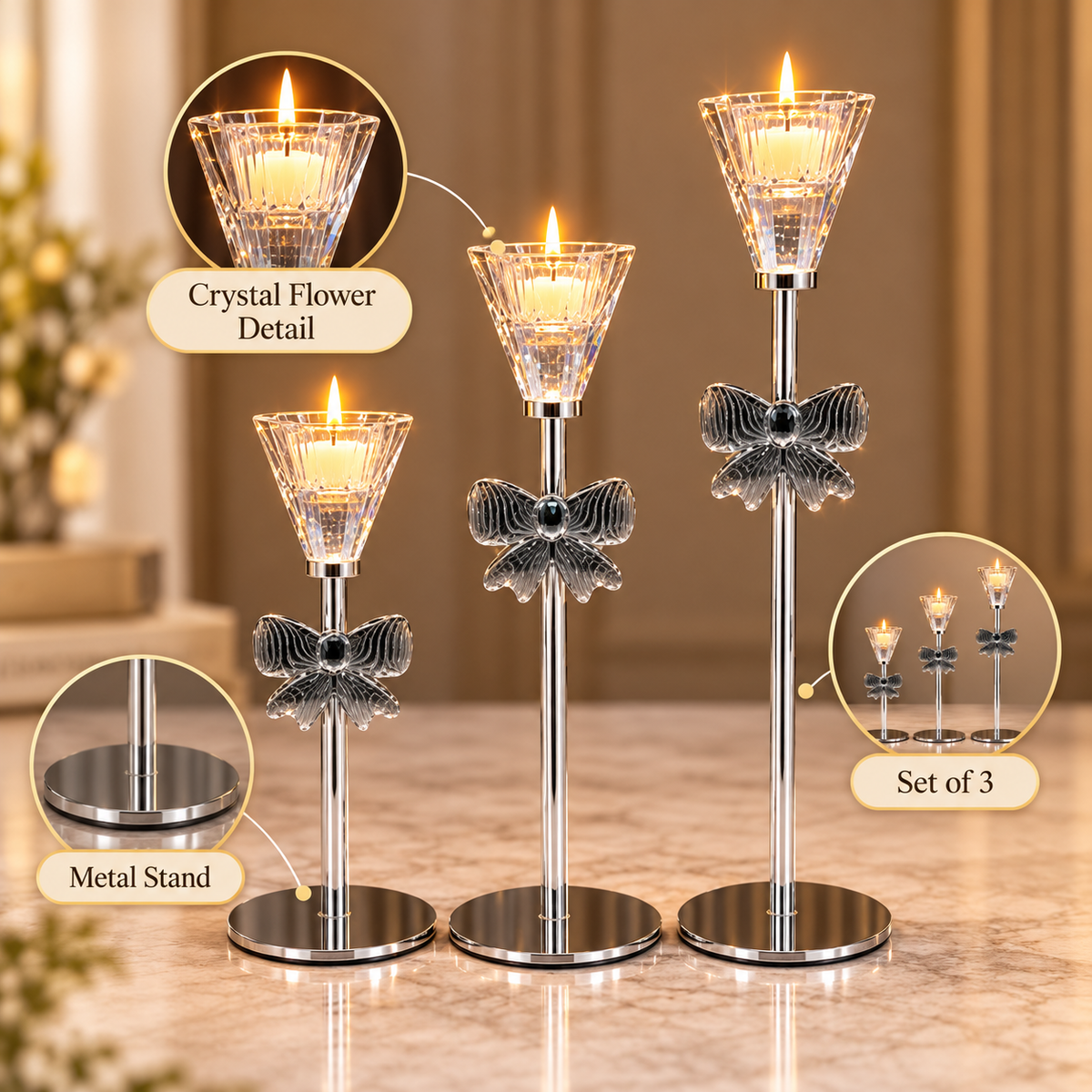 Crystal Flower Silver Candle Stands – Set of 3 product features