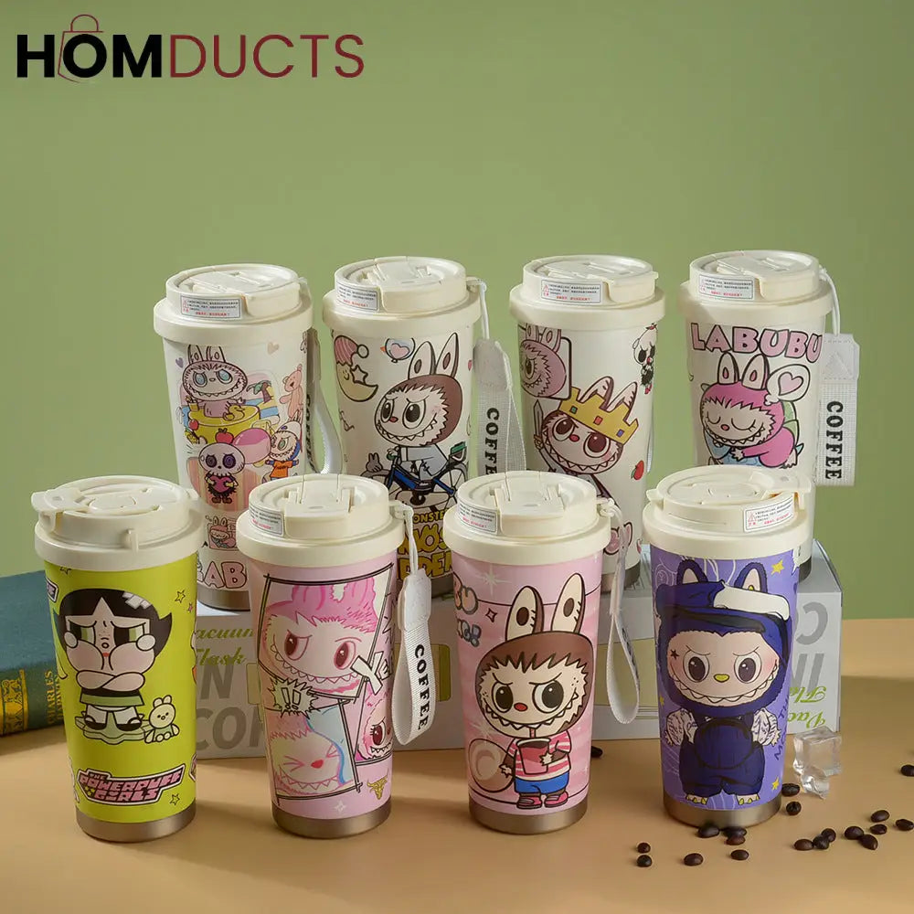 Cute Labubu Cartoon Coffee Tumbler – Insulated Travel Mug with Lid & Strap for Hot and Cold Drinks