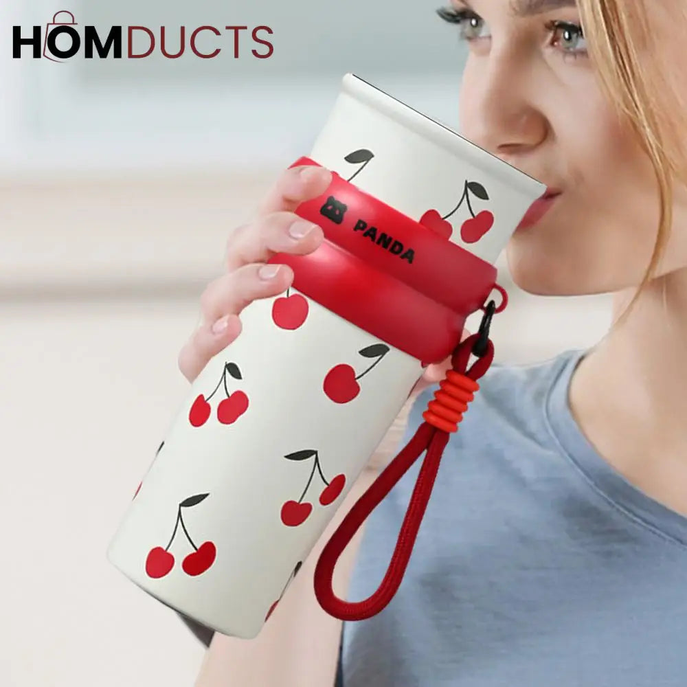 Cute Panda Travel Tumbler with Straw – Leak Proof Portable Cup with Cherry & Bow Design