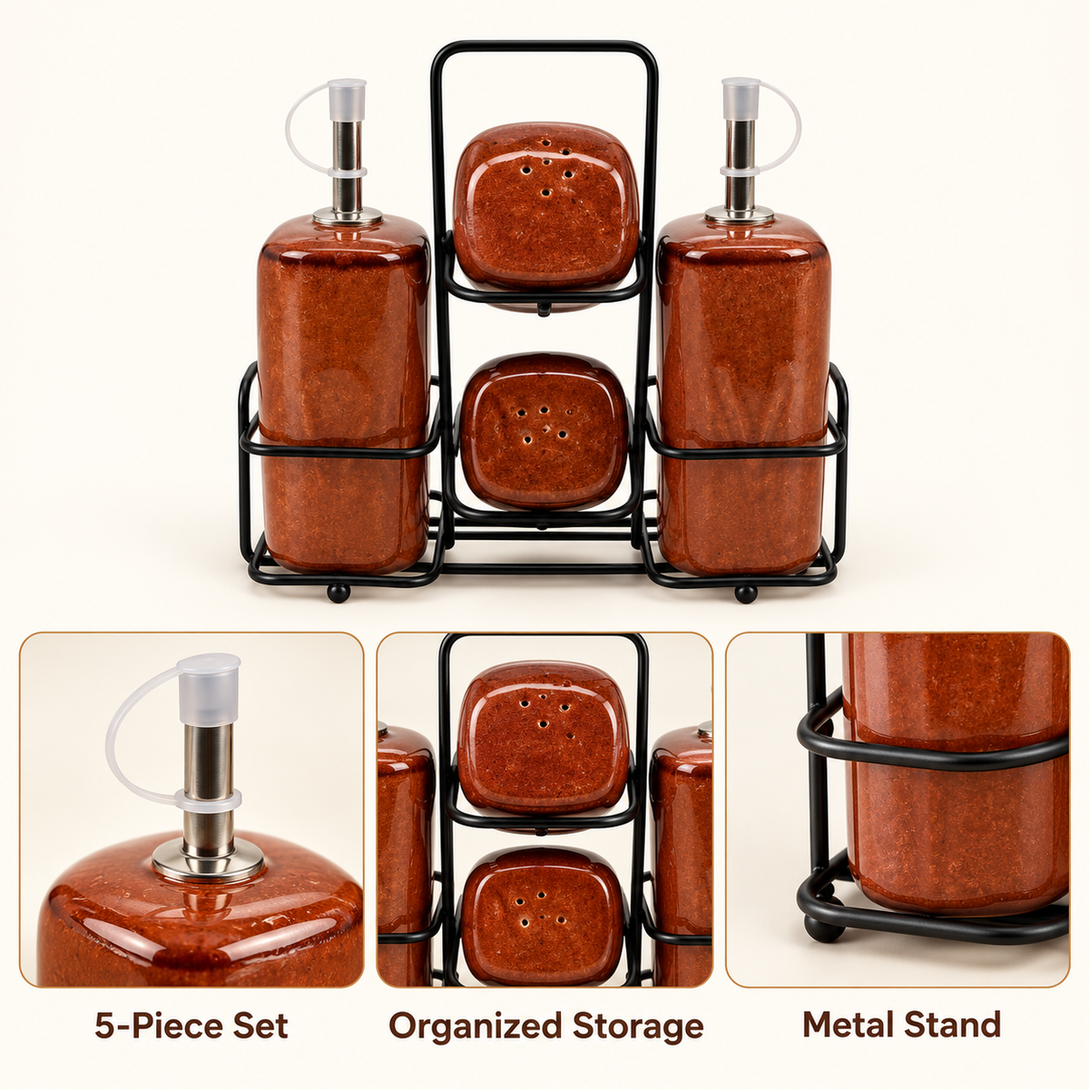 5-Piece Rust Castor Condiment Set features and details