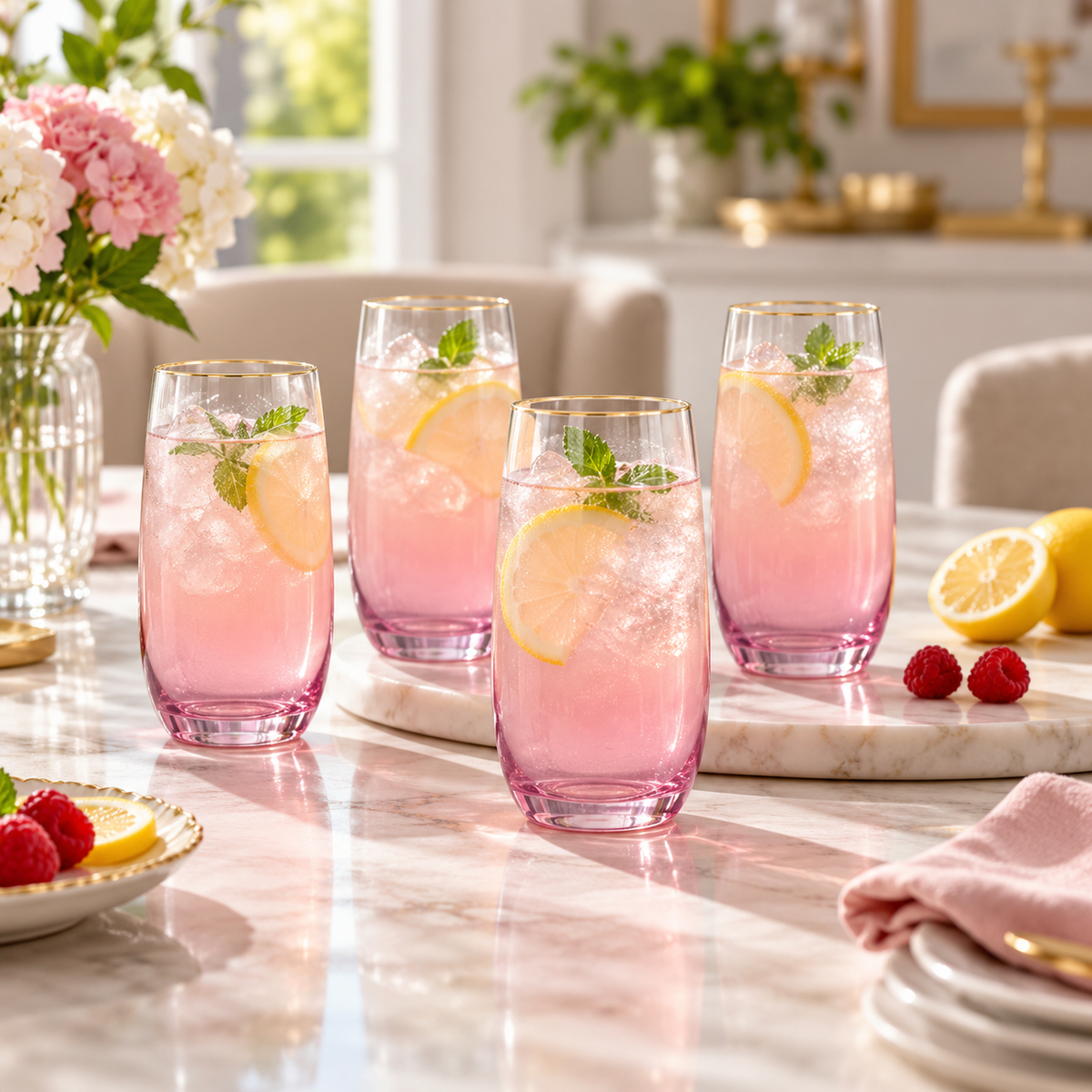 Danny Home Pink Ombre 4-Piece Tall Glass Set – 410ml shown in use
