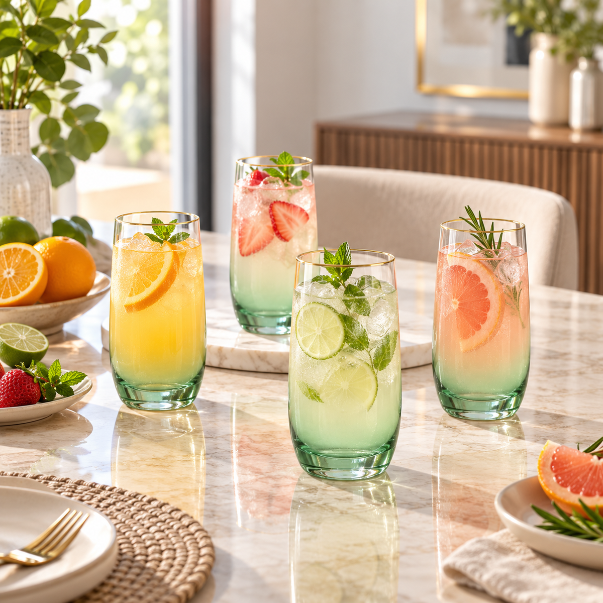 Danny Home Green Ombre 4-Piece Tall Glass Set – 410ml shown in use