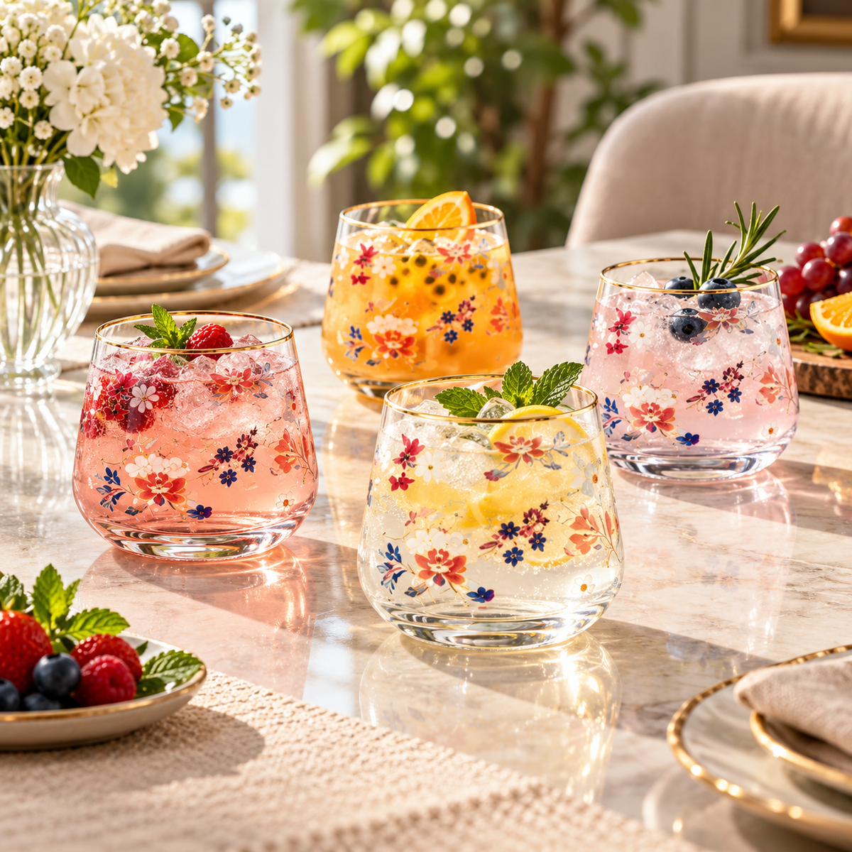 Danny Home Floral 4-Piece Tumbler Glass Set – 420ml shown in use