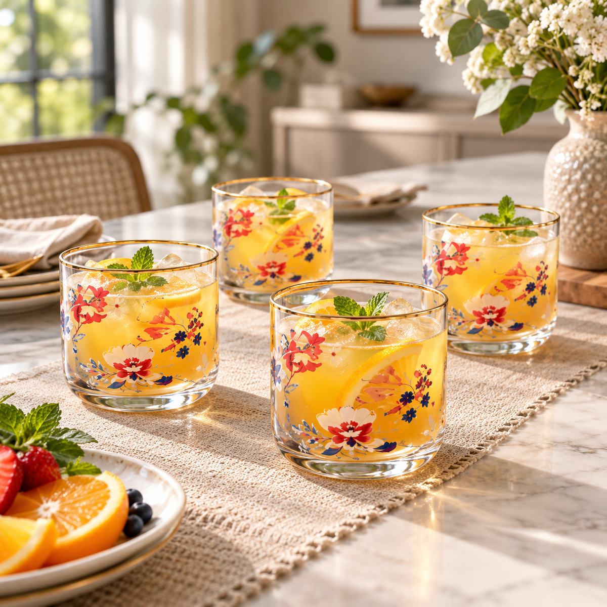 Danny Home Floral 4-Piece Glass Set – 340ml shown in use