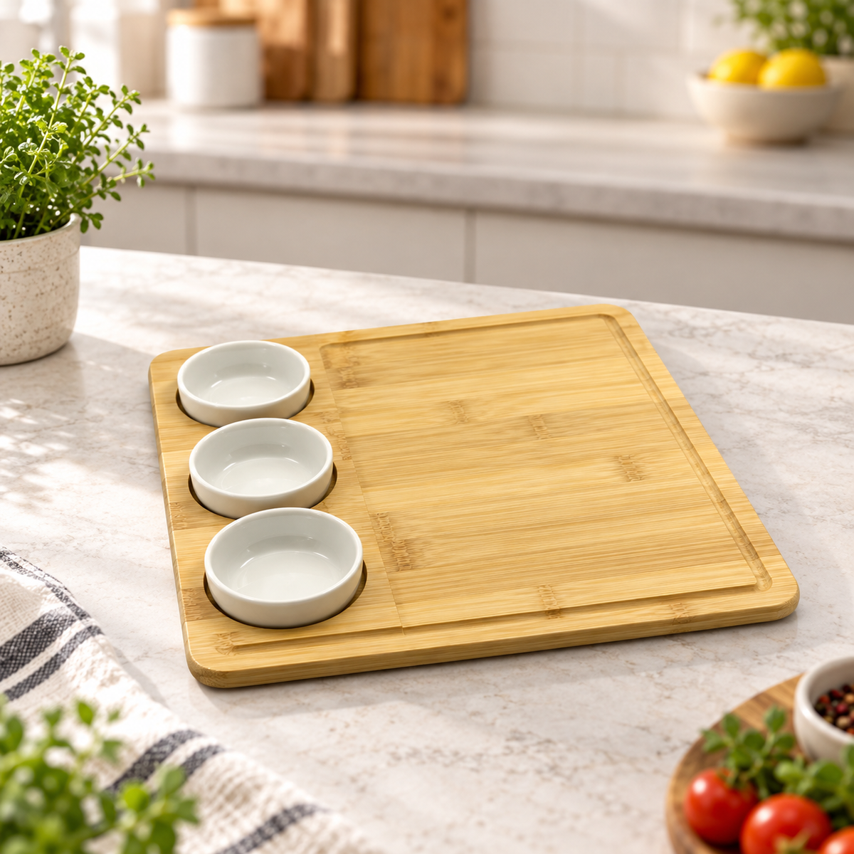 Danny Home bamboo serving board set with three dip bowls