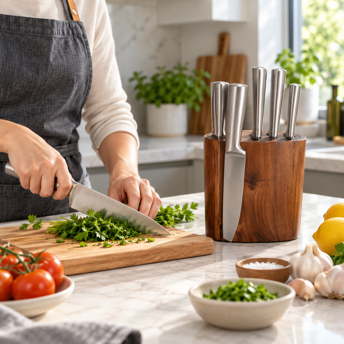 Danny Home Stainless Steel Knife Block Set with Wooden Holder in use