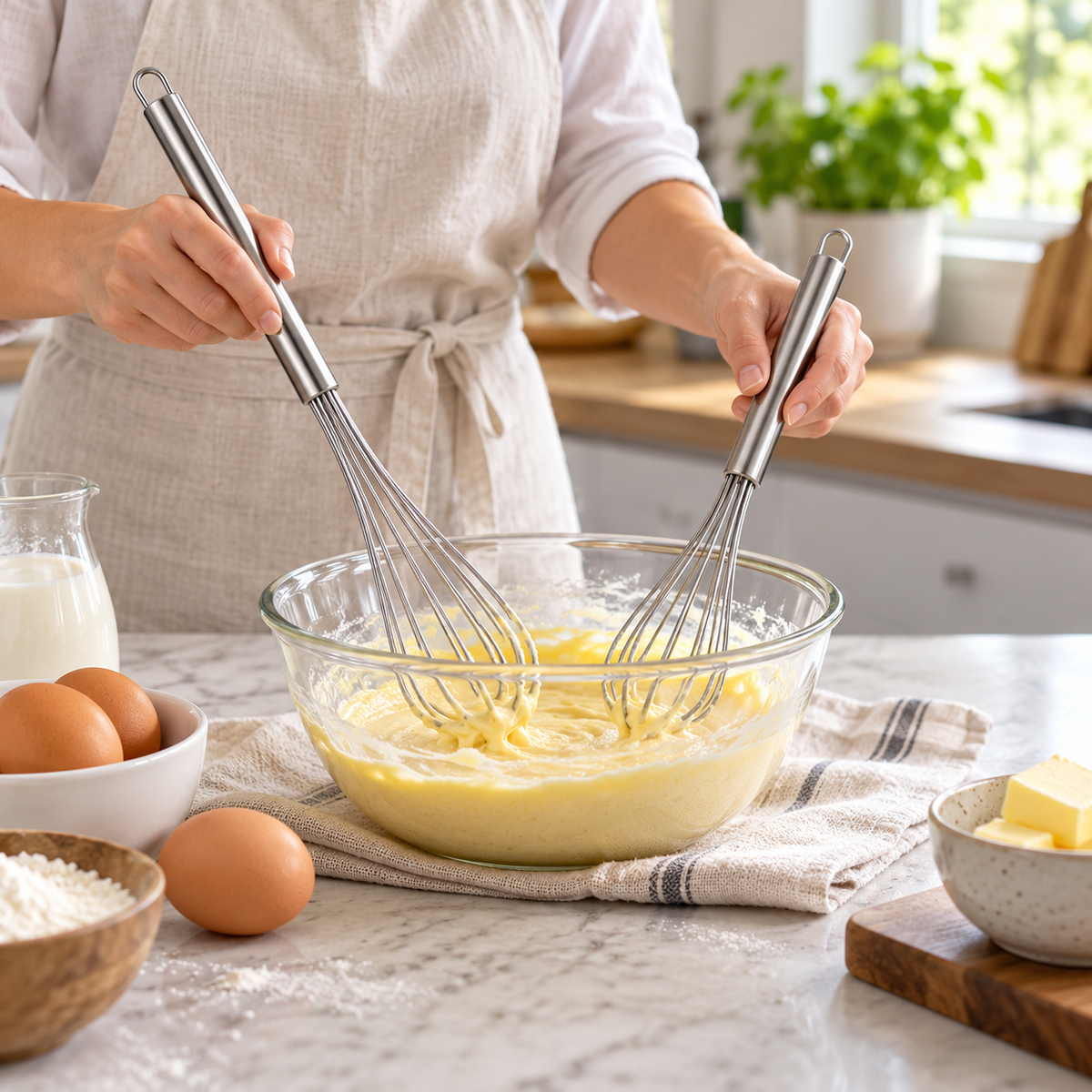 Danny Home 2-Piece Stainless Steel Whisk Set – 30cm & 36cm in use