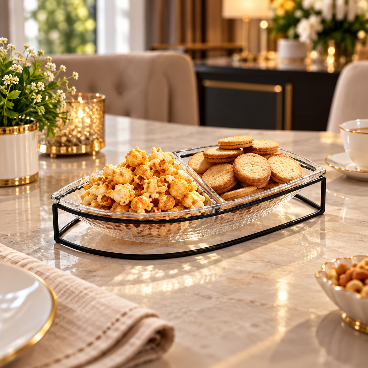 Danny Home 2-Section Curved Glass Snack Bowl Set shown in use