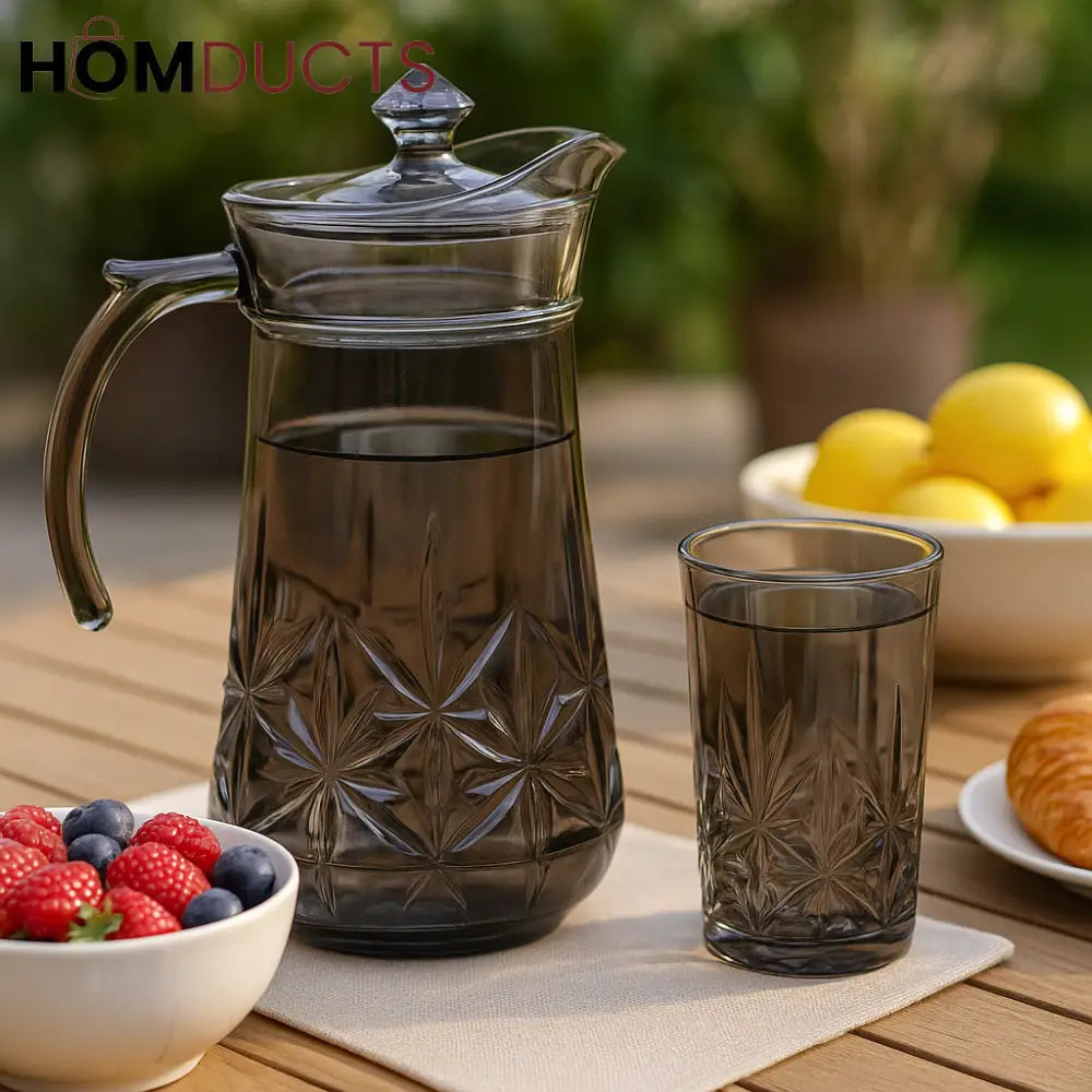 Delisoga Premium Crystal Glass Jug & Tumbler Set – Starburst Cut Design(7pcs)-1Jug-6glasses