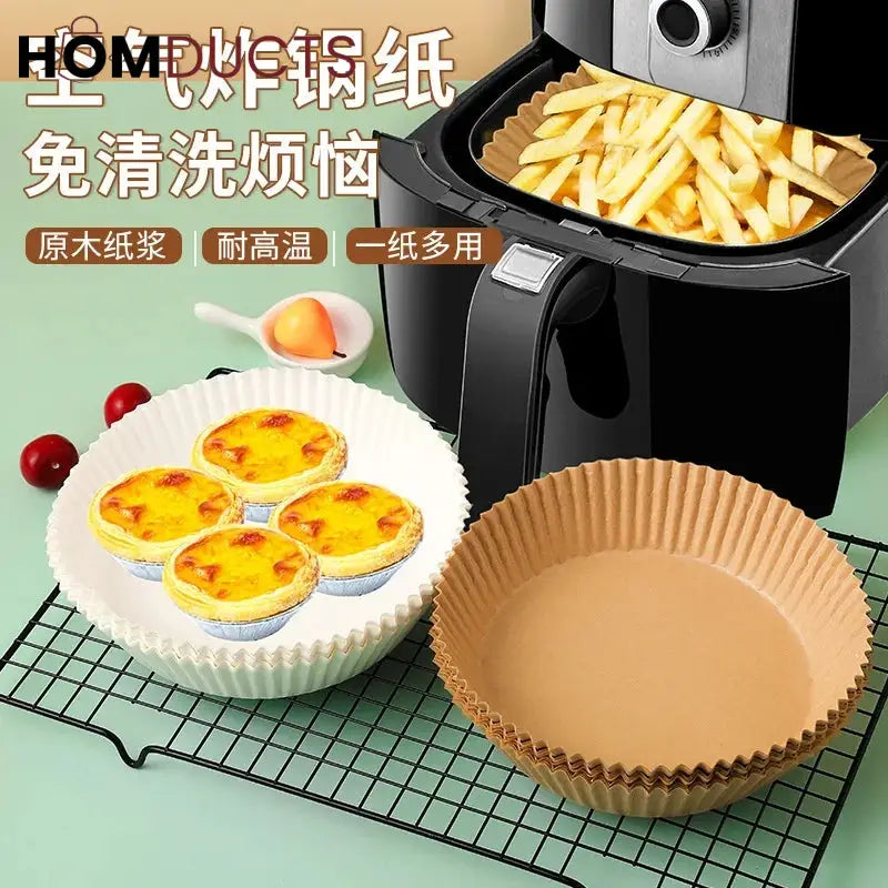 Supplier collage of round paper liners and air fryer cooking examples