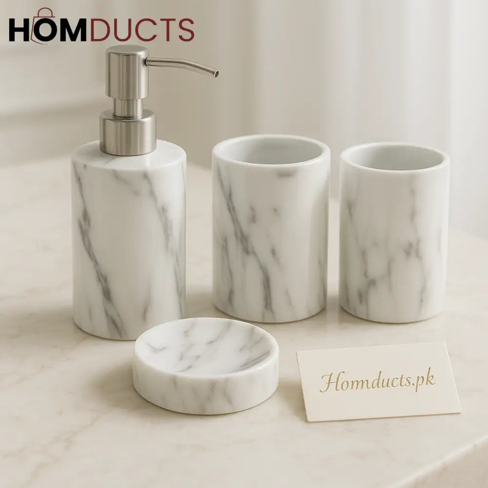 Elegance Marble Bathroom Set – 4-Piece White Ceramic Dispenser & Organizer Kit