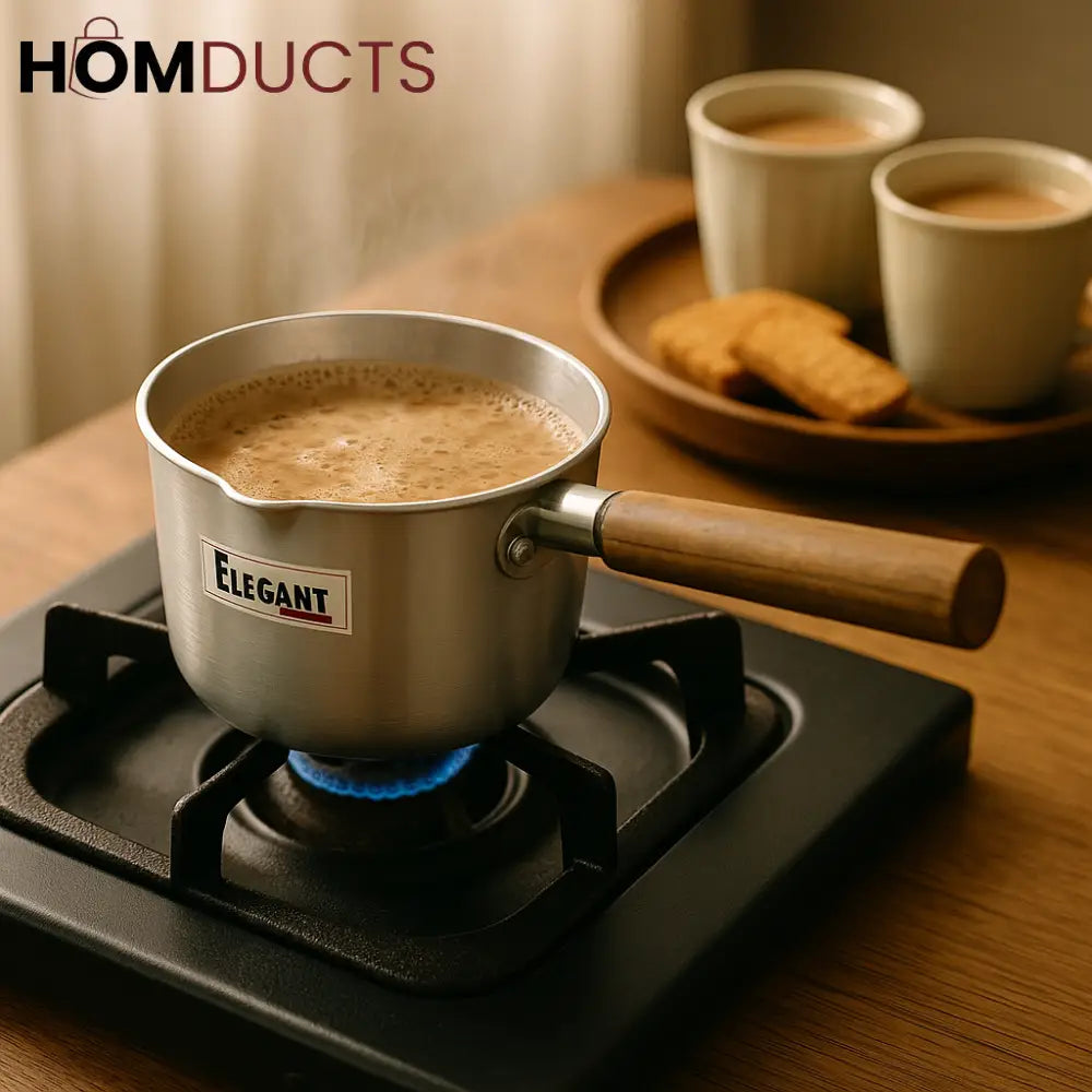 Elegant Aluminum Milk & Chai Pan – Wooden Handle Saucepan for Daily Use