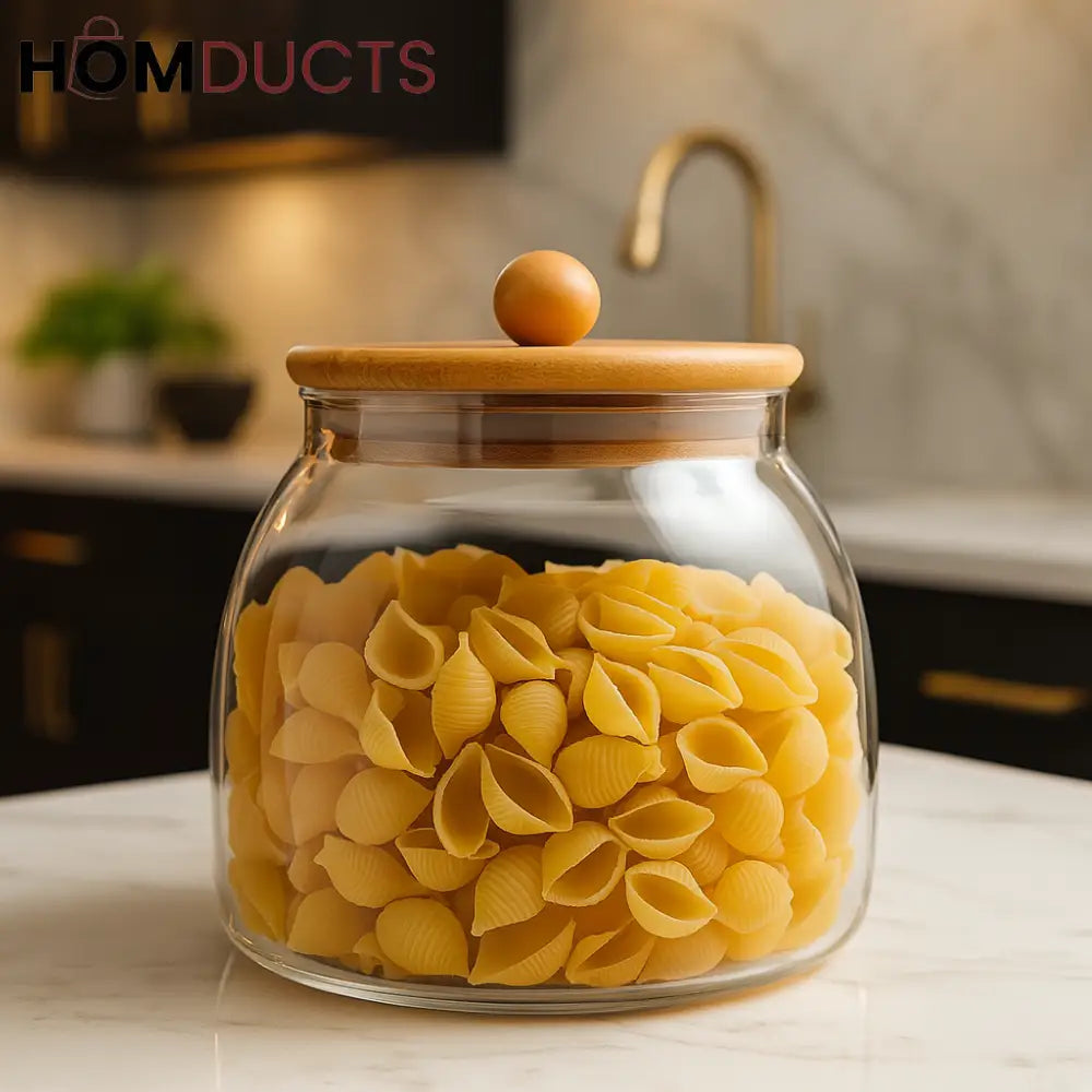 Elegant Clear Glass Jar with Wooden Lid – Luxury Kitchen Storage (550ml)