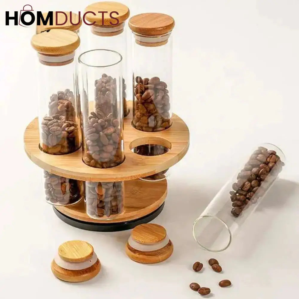 Elegant Cylinder Glass Jars with Wooden Stand - Kitchen & Pantry Storage