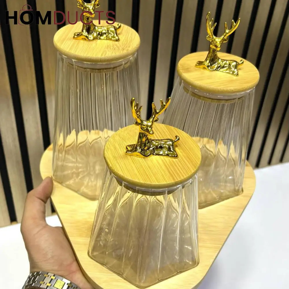 Elegant Deer Head Glass Storage Jars - 3-Piece Set with Wood Stand
