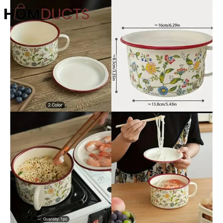 Elegant Enamel Soup & Noodle Pot: Versatile Flower Ceramic Design