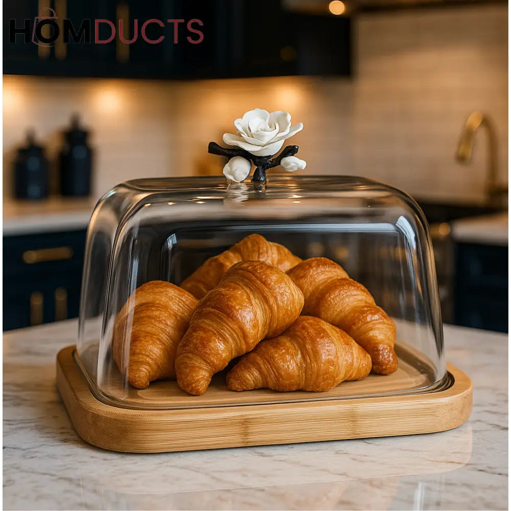 Elegant Glass Cloche with Bamboo Base & Floral Handle