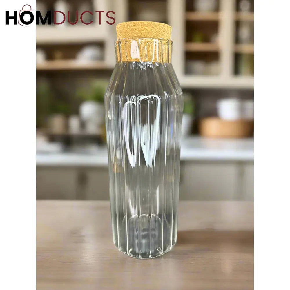 Elegant Ribbed Glass Bottle with Natural Cork Stopper | 1L Capacity