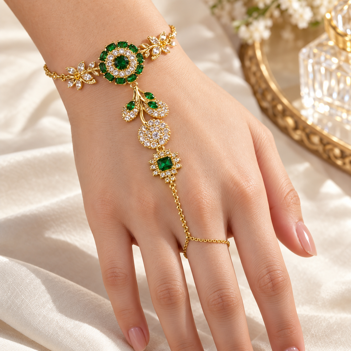 Emerald Floral Crystal Hathphool Hand Chain