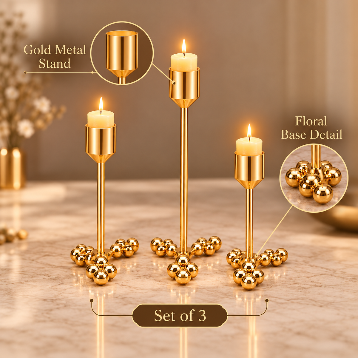 Floral Base Gold Candle Stands – Set of 3 product features