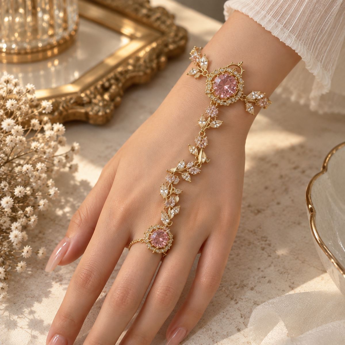 Floral Vine Hand Chain Bracelet with Ring – Hathphool