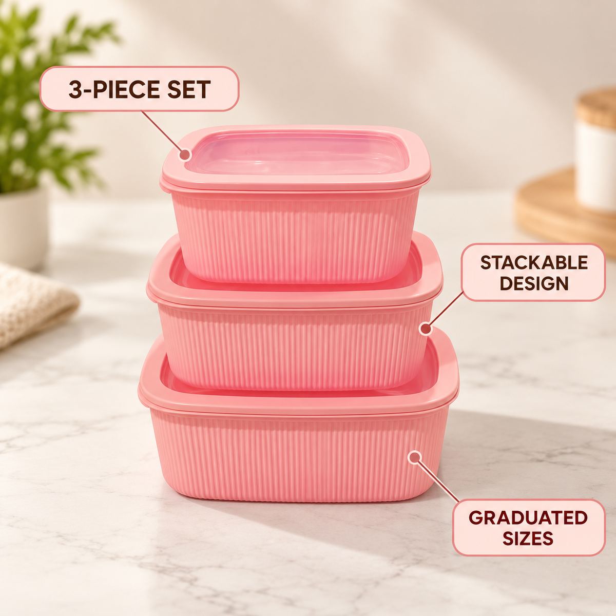 Three-piece stackable food container feature infographic