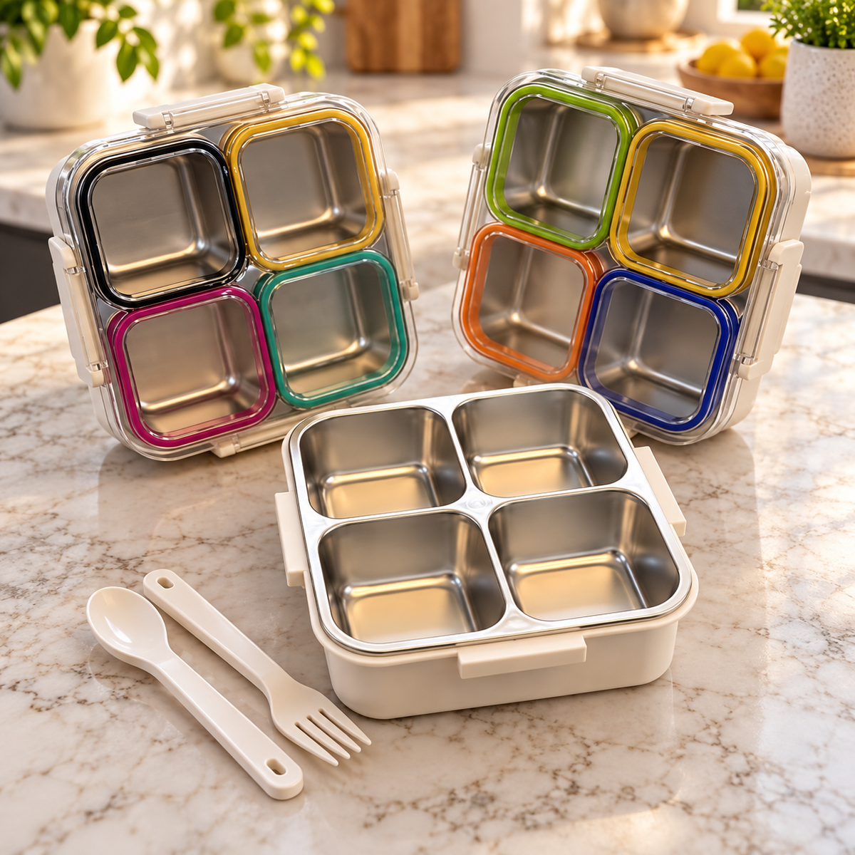 Four-compartment stainless steel lunch box with cutlery