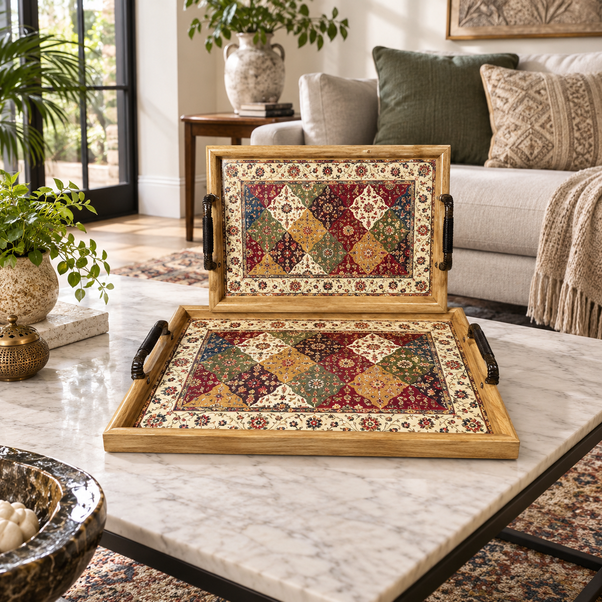 Two piece geometric pattern serving tray set