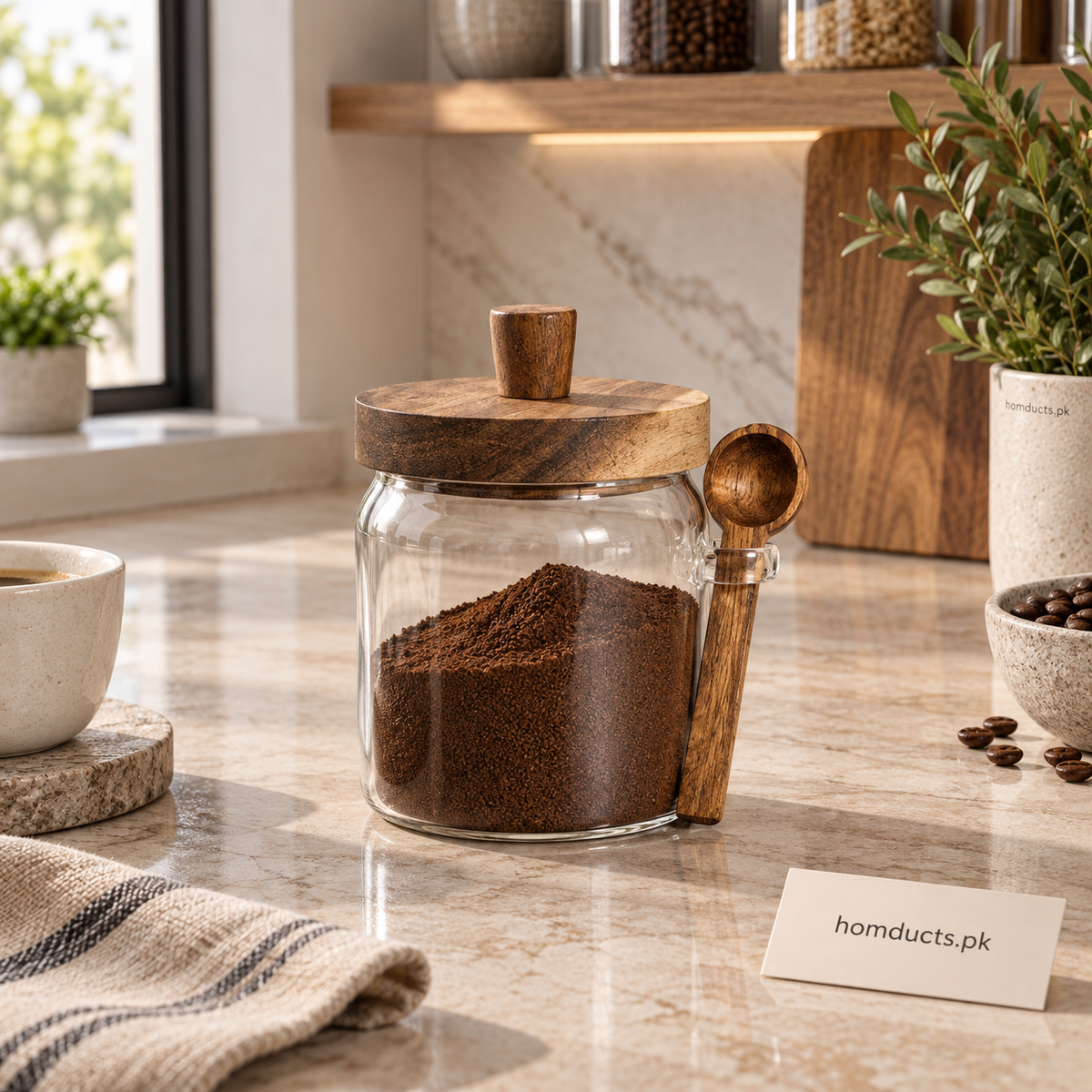 Glass storage jar with wooden lid and matching spoon
