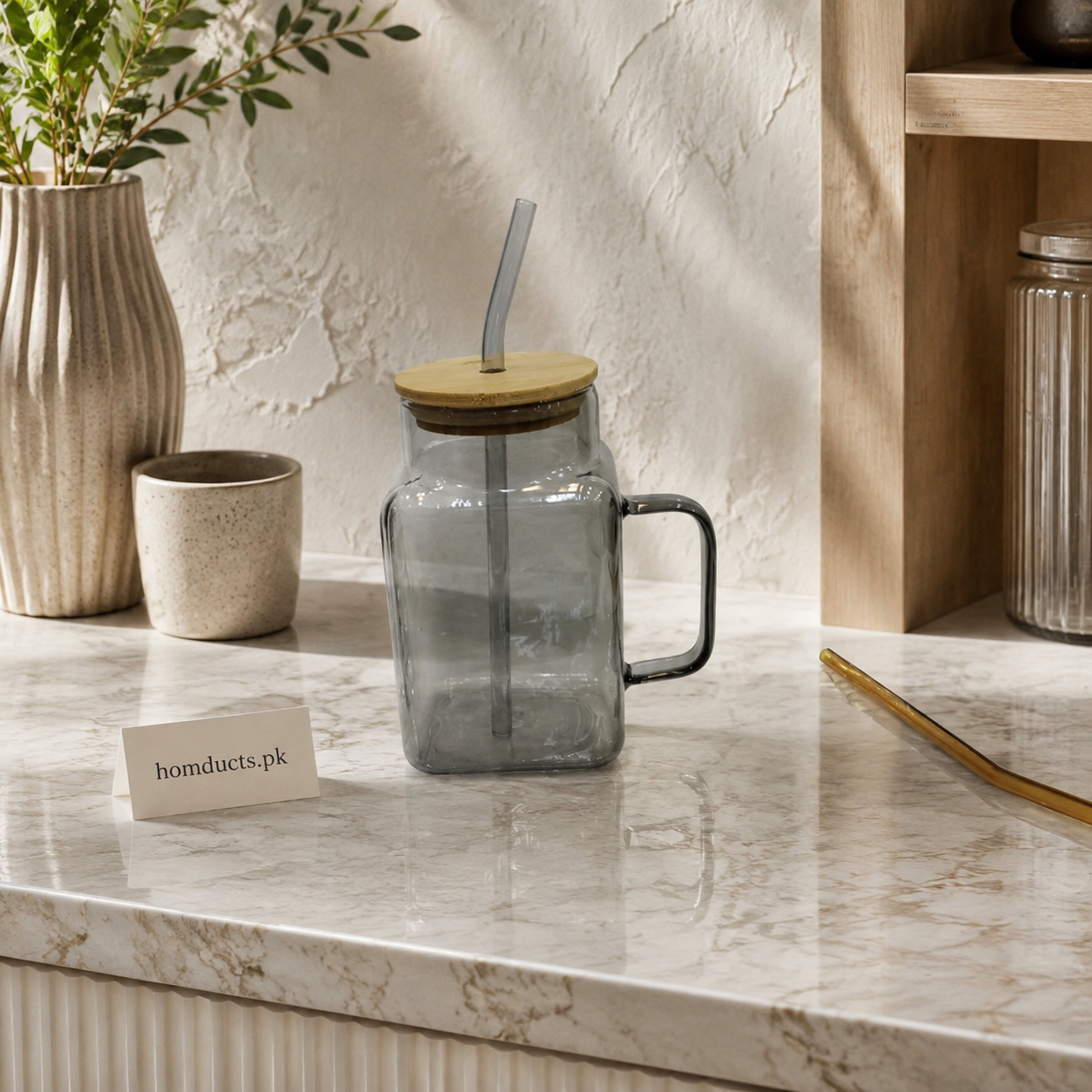 Smoky glass mason mug with bamboo lid and straw